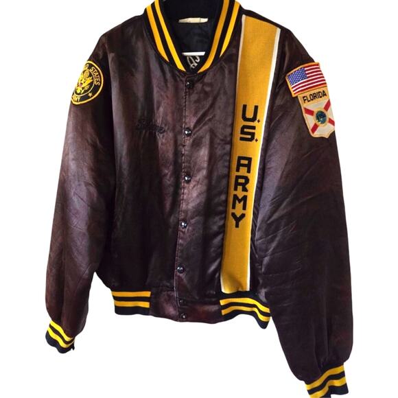 US Army Bravo Bulldogs Embroidered Satin Bomber Jacket Large Brown Street - Picture 2 of 16